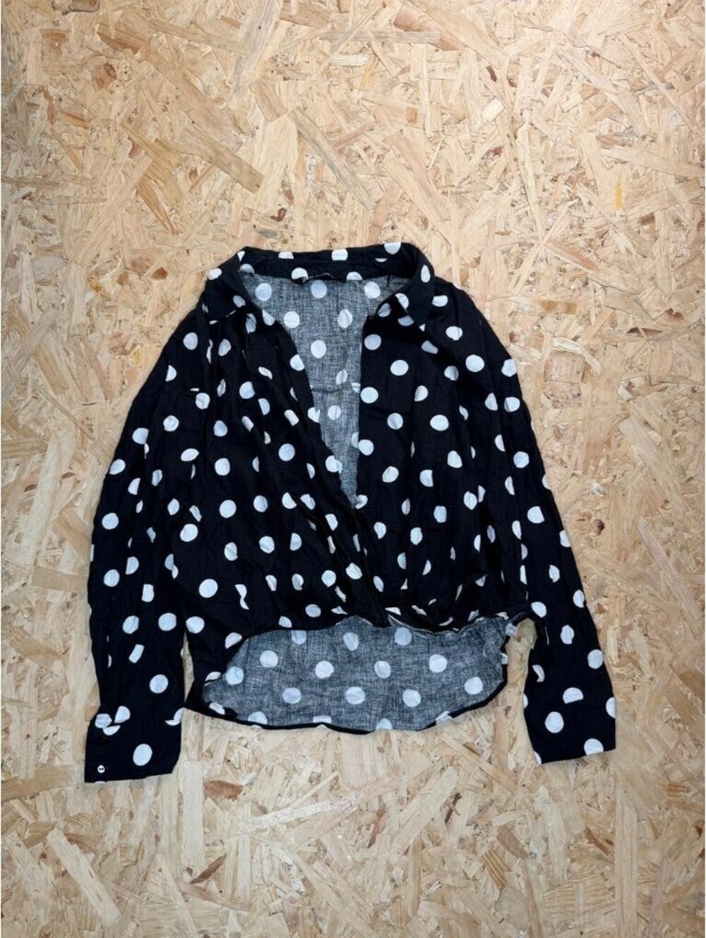 Zara Polka Dot Wrap Blouse Womens Large Black White Long Sleeve V-Neck Top